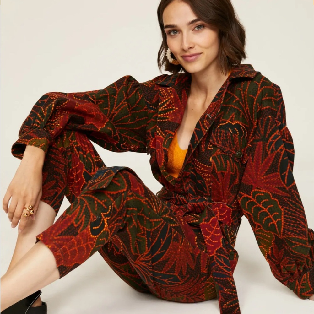 FARM Rio Rust & Forest Green Tropical Leaf Utility Jumpsuit